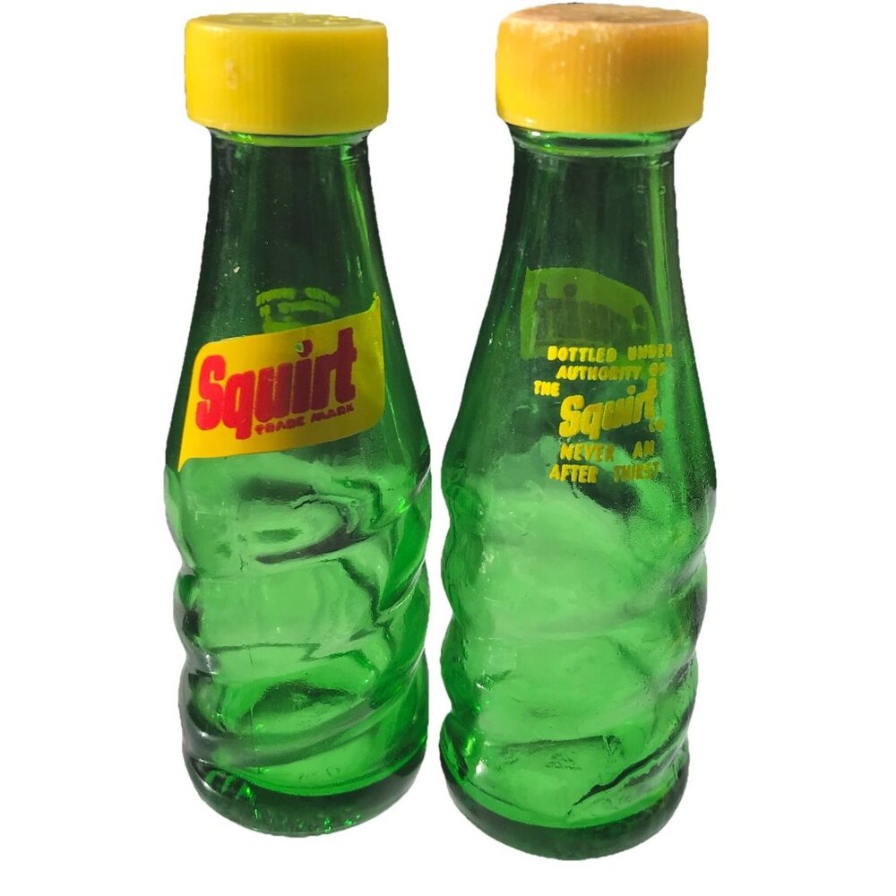 Vtg Green Glass Squirt Soda Advertising Bottles Salt Pepper Shakers 70s Picnic